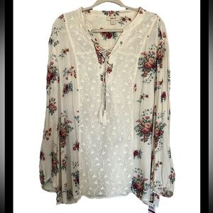 NWT Style & Co Women’s Size XXL Foliage Top Lace Up Tie Tassel Bouquet Ivory